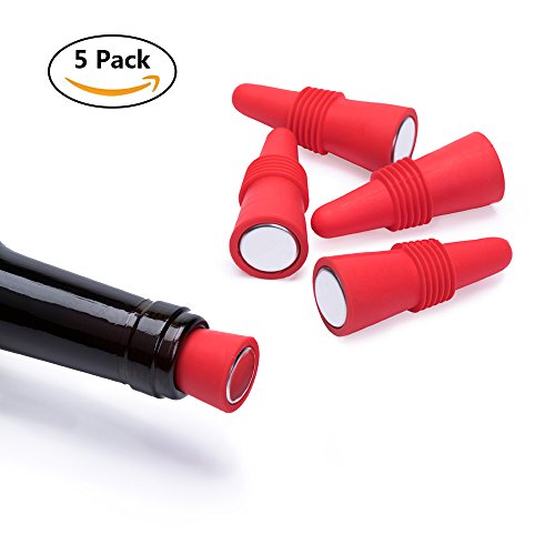 OHYOHO Wine Stoppers (Set of 5), Silicone Reusable Wine Bottle stopper and Beverage Bottle Stoppers, Red