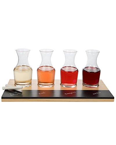 Wine Tasting Flight Sampler Set – 4 – 6oz Decanter Glasses w Paddle, Chalkboard and Chalk