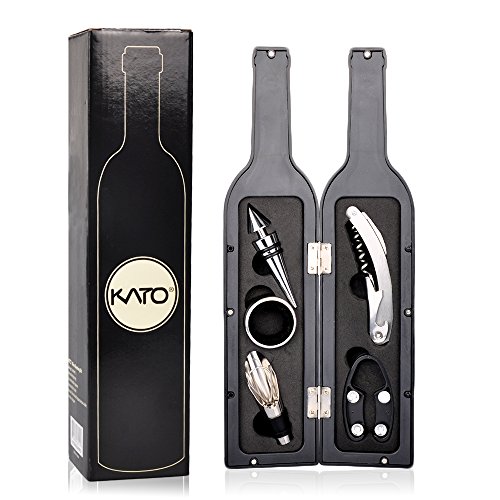 Kato Wine Accessories Gift Set – Wine Bottle Corkscrew Opener Kit, Drip Ring, Foil Cutter and Wine Pourer and Stopper in Novelty Bottle-Shaped Case for Valentine’s Day, Wedding Gift, Black
