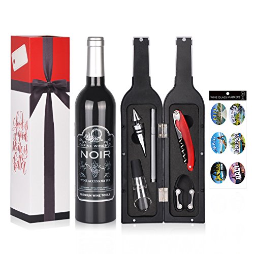 Wine Accessory Gift Set – Deluxe Wine Bottle Corkscrew Opener, Stopper, Aerator Pourer, Foil Cutter, Glass Paint Marker w/ Reusable Drink Stickers in Gift Box, Wine Gifts for Wine Lover