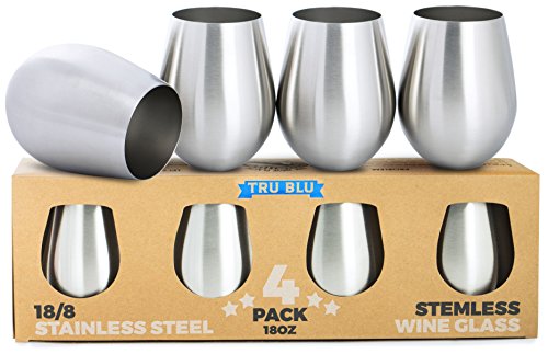 Stainless Steel Wine Glasses – Set of 4 Large & Elegant Stemless Goblets (18 oz) – Unbreakable, Shatterproof Metal Drinking Tumblers